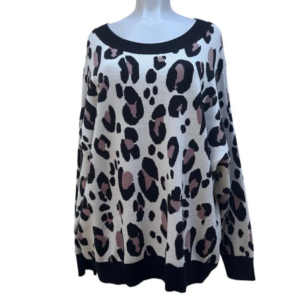 NWT Evri Sweater Womens 3X Black Cream Animal Print Crew Neck Pullover Oversized